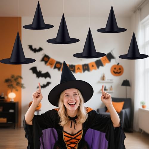 Halatool 6 Pieces Witch Hats Halloween Party Favors, Indoor Outdoor Costume Accessories Hanging Black Witch Hat with 98 Feet Hanging Rope for Halloween Party Decoration