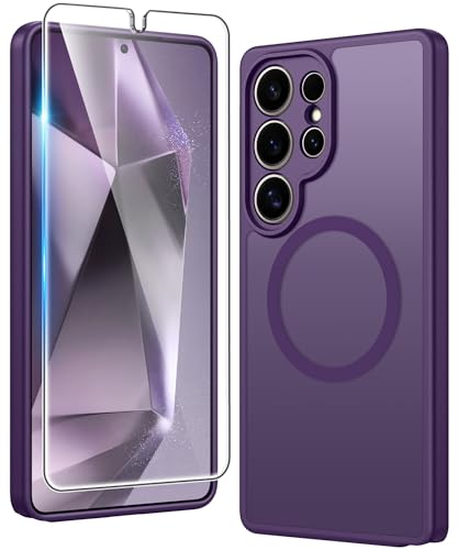 Image of FNTCASE for Samsung Galaxy S24-Ultra Case: Matte Magnetic Translucent Phone Cases with Screen Protector Lens Protection Compatible with Magsafe Rugged Protective Cell Cover (C-Dark Purple)
