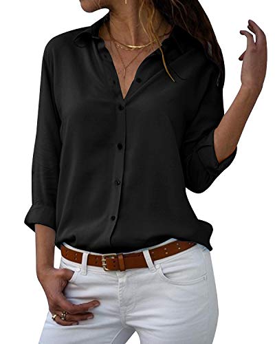 Yidarton Women's Long Sleeve V Neck Chiffon Blouses Tops Button Down Business Shirts(Black,M)