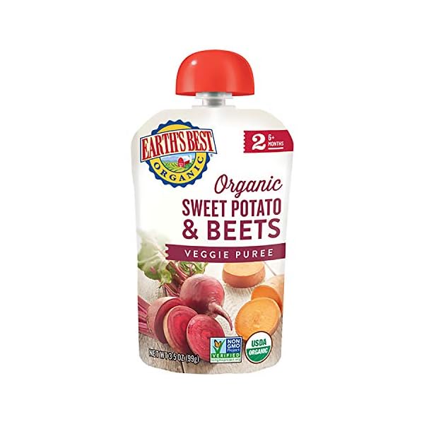 Earths-Best-Organic-Stage-2-Baby-Food-Sweet-Potato-Beets-35-Oz-Pouch-Pack-of-12 Earth's Best Organic Baby Food Pouches, Stage 2 Vegetable Puree for Babies 6 Months and Older, Organic Sweet Potato and Beets Puree, 3.5 oz Resealable Pouch (Pack of 12)