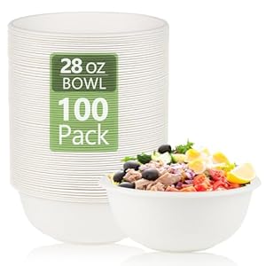 100 Pack Large 28 OZ Paper Bowls, Disposable Compostable Bowls Set, 100% Eco-friendly and Biodegradable, Heavy Duty Natural Bagasse Bowl for Party Picnic Barbecue