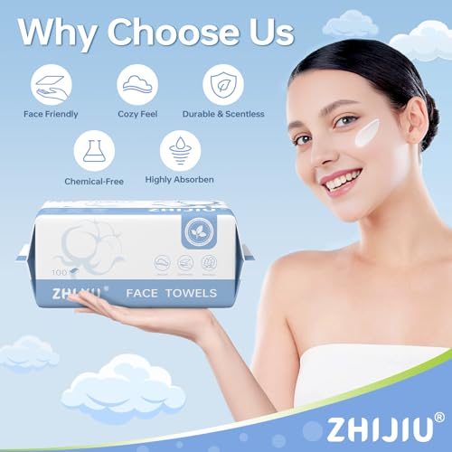 Image of Disposable Face Towels 100 Count, Ultra Soft & Thick Facial Towels for Sensitive Skin, Biodegradable & Lint-Free Makeup Remover Dry Wipes, Multi-Purpose Cleansing Towelettes for Face Wipes