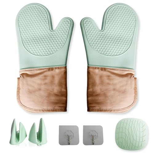 1 paio di Guanti da Forno Isolanti, Guanti da Cucina in Silicone e Cotone, Coppia di Pinze a Due Dita, Sottopentola Termoresistente, Set da Forno Anti-Scottatura, Verde