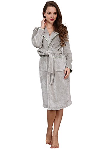 Godsen Women's Plush Long Robes Bathrobe Sleepwear (XS, Silver Grey)