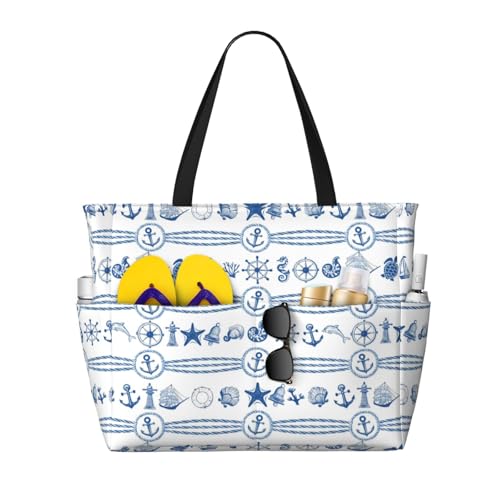 Owlfder Large Beach Bag for Women Anchor Turtle Rudder Cruise Pattern Waterproof Travel Shoulder Tote Bag with Pocket for Weekender Pool Vacation