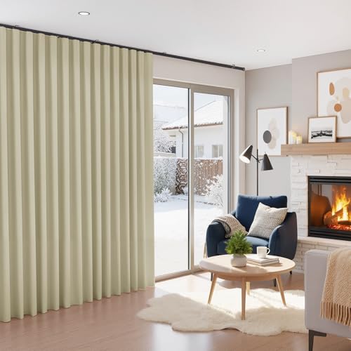 Image of RYB HOME Extra Wide Blackout Curtain with Hooks, Ceiling Mounted & Rod Pocket, Thermal Insulated Privacy Assurd Curtain for Office /Living Room, Room Divier Panel, Light Beige, W120 x L96, 1 Panel