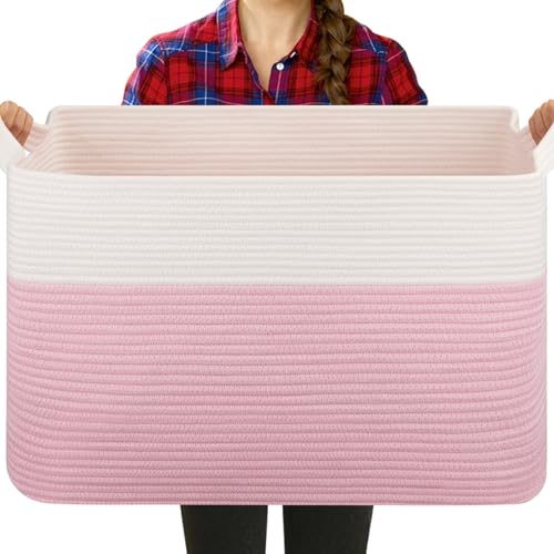 OIASKET Extra Large Laundry Basket, 90L Blanket Basket for Living Room, Cotton Rope Storage Basket, Toy Basket for Kids, Woven Basket for Clothes, Towels, Pillows, 24\" x 17\" x 14\", Pink and White