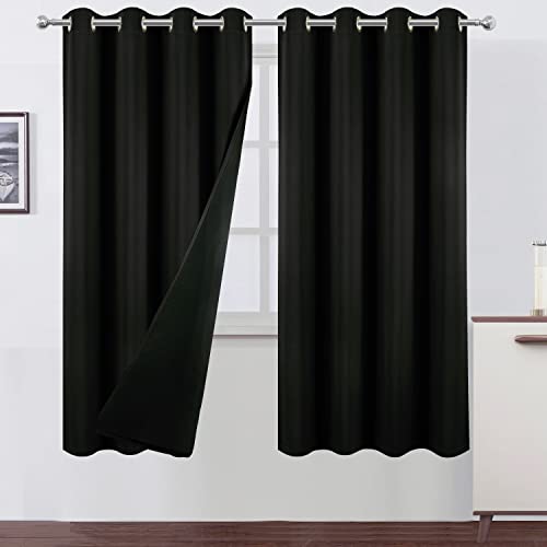 LEMOMO 100% Blackout Curtains 52 x 72 Inch/Black Curtains 2 Panels with Black Lining Room Darkening Thermal Insulated Bedroom Curtains