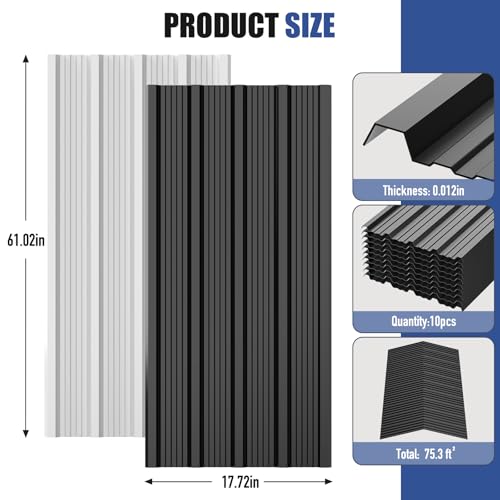 image for Brakki Corrugated Metal Roofing Panels 10pcs 75.3 ft², Black Galvaniz