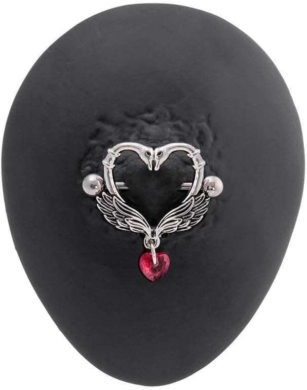 14G Silver Swan Nipple Piercing Jewelry with Red Heart CZ Stone, Nipple Rings Surgical Steel for Men and Women, Gem Nipple Shields Barbell Rings, 14 Gauge A Pair