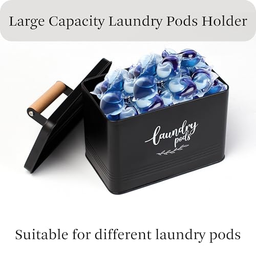 PERFNIQUE Laundry Pods Container, Farmhouse Laundry Pods Holder with Lid for Laundry Room Decor and Accessories, Metal Detergent Pods Container for Laundry Room Organization and Storage (Black, Pods)
