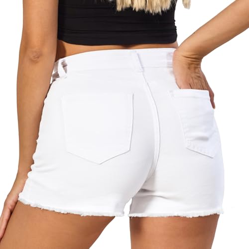 Image of VIPONES Women Mid Rise Jeans Shorts Frayed Raw Hem Summer Stretchy Casual Denim Shorts