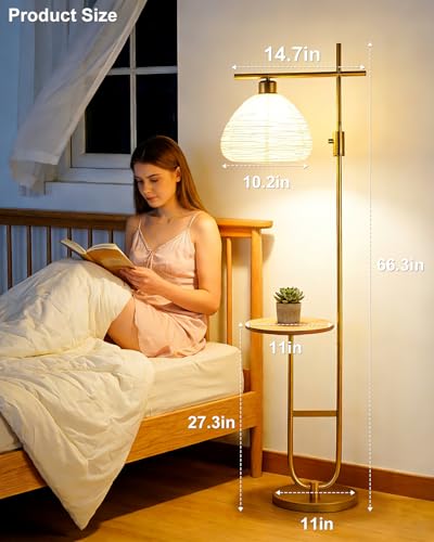 Image of 66IN Dimmable Gold Floor Lamps with Storage Table, Modern Standing Tall Lamp with Milky White Lampshade, Cross-Shaped Lamp Head and U-Pole Base Style for Living Room /Bedroom