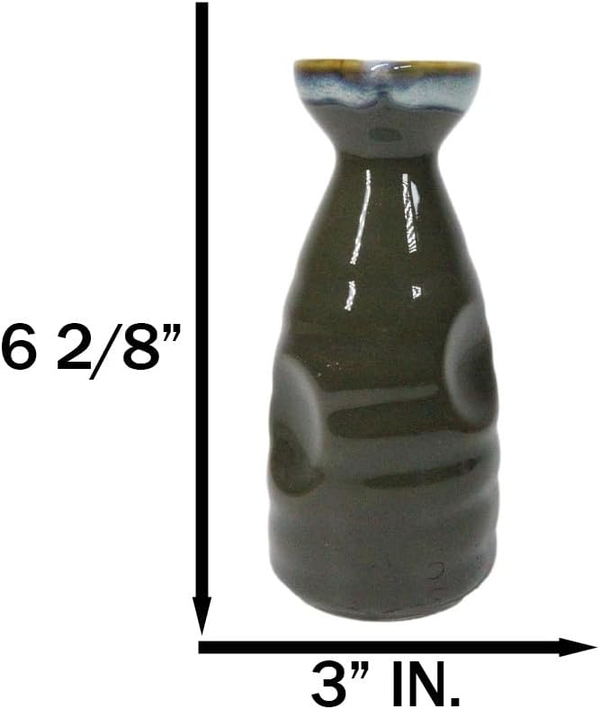 Ebros Gift Glazed Ceramic Pottery Heaven And Earth 'Ten To Ji' Design Japanese Rice Wine Sake 4 Piece Set Of 1 Tokkuri (Army Green And White Loyalty Pack Of 6 Sake Flasks)