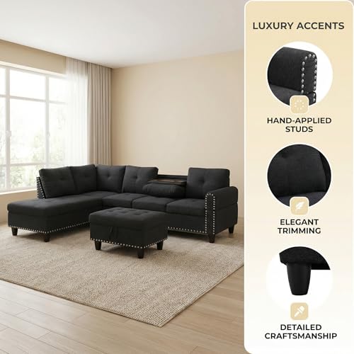 Trygoal 3-Piece L-Shaped Modular Sofa – Convertible Sectional Couch with Movable Chaise & Storage Ottoman, Multi-Scene Use for Living Room, Apartment & Office, Black Grey by Trygoal - Used condition - Image 5
