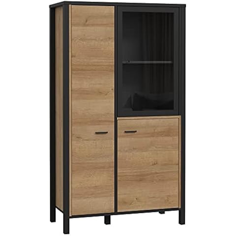 FORTE HIGH ROCK Vitrine mit 2 Türen und 1 Glastür, Holzwerkstoff, Schwarz / Riviera Eiche, 86.3 x 152.3 x 40.2 cm Cover