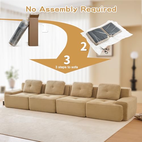 Image of 153 inch Extra Large 4-Seater Modular Boneless Couch, Luxury Corduroy Fabric, Deep Seat Cloud sectional Sofa with Buckle Connection, No Assembly Anti-Slip Couch for Big Living Room, Camel