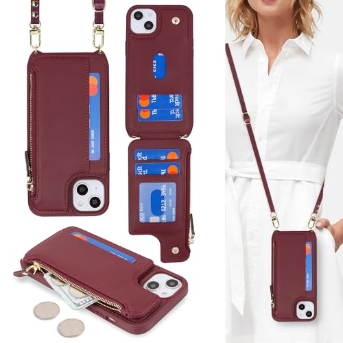 Étui portefeuille iPhone 13 en cuir rouge vin Cavor avec dragonne et poche zippée