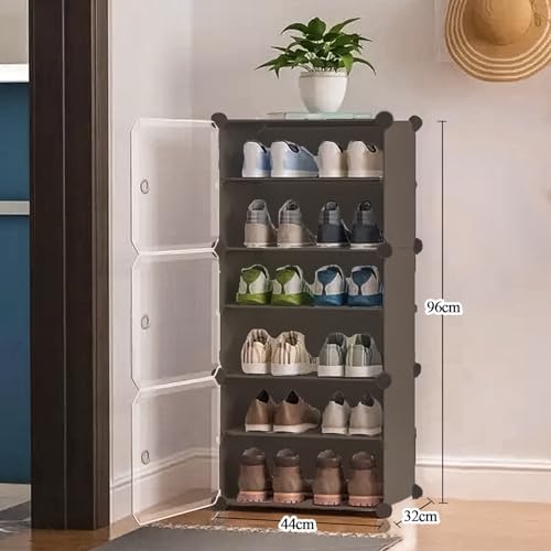 Image of Zemic DIY Portable Shoe Rack for Home Plastic Shelves Household, Shelf Shoe Rack with Dustproof Door for Heels /Slippers /Boots for Entryway or Bedroom (Grey, 6-Shelf-3-Door)
