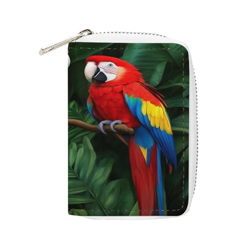 SEBNATAL Fashion Credit Card Holder Wallet for Daily Use, Compact Parrot Green Painting Leather Case Purse with Metal Zipper