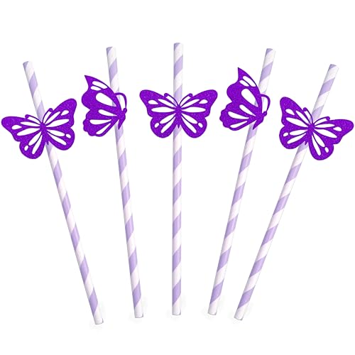 Pitillos decorativos de papel mariposa morado pack 24 miniatura 1