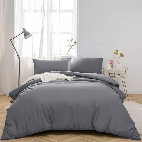 BEDSHEET WALA Funda de edredón de algodón egipcio color gris oscuro liso con cierre de cremallera y lazos en las esquinas, funda de edredón de 3 piezas, calidad de hotel, 1000 hilos, tamaño emperador