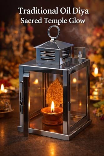 Image of Nakshathra Stainless Steel Wall Mounted Oil Lamp with Glass Cover, Deepam Lid, Windproof Hanging Diya Lantern for Home & Temple Pooja, Ideal for Decorating Indoor and Outdoors (Small)