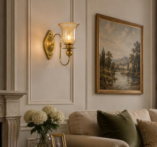 Image of Italian Wall Lamp, Antique Gold Finish, Single Light Wall Lamp with Champagne Glass with Filament Bulb