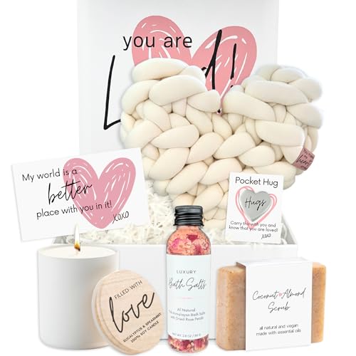 Boxzie You are Loved Gift Box Set for Women, Unique I Love You Gifts for Her, Sending Hugs Care Package - Basket with Pillow, Candle, Soap for Mom, Wife, Daughter, Sister, Best Friend, Grandma