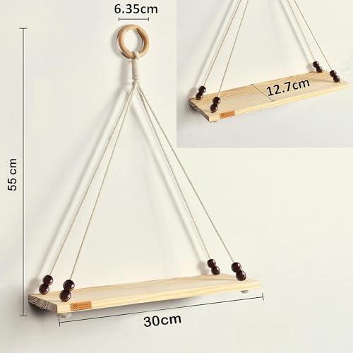 Image of Hanging Shelf with Magic Hook, Use Decor Plants, Books, Decorative Gift Items Nursery Livingroom Wooden Beads & Ring Woven Bohemian Chic for Dorm (Black Beads, Medium)