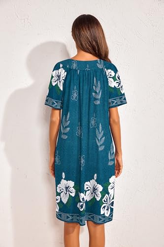 Image of Ekouaer Womens House Dress Floral Print Nightgown with Pockets Mumu Dress | V Neck Nightgowns for Women Pleated Short Sleeves Mumu Dresses Knee Length Moo Moo for Sleep, Daily Wear, Vacation, Party