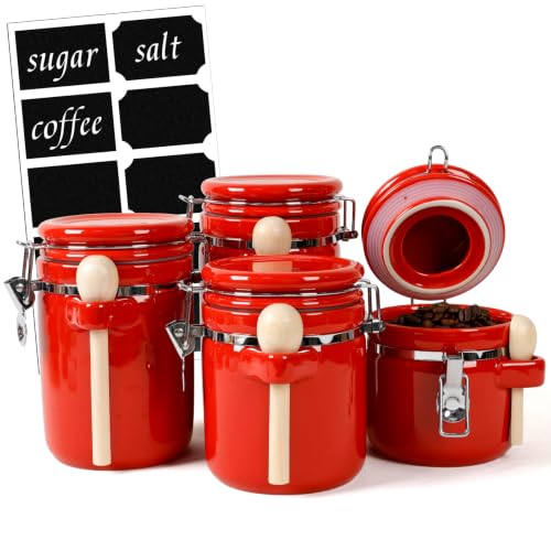 ZEBERBO 4 Piece Airtight Ceramic Canister Set With Attached Wooden Spoon Reusable Chalk Labels For Dry Goods Sugar Coffee Tea Kitchen Storage Use (Red)