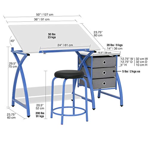 Sd Studio Designs 2 Piece Comet Center Plus, Craft Table And Matching Stool Set With Storage And Adjustable Top, 50"W X 23.75"D X 29.5"H, Blue/White #TOP1
