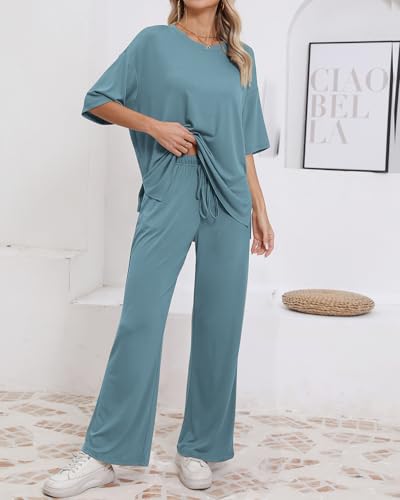 Womens Lounge Set 2 Piece Outfits Casual Loose Fit Short Sleeve Tops and Wide Leg Pants Tracksuits4