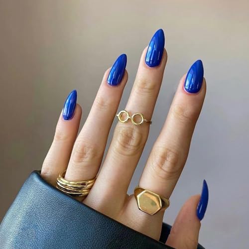 24Pcs Uñas Postizas Cortas Francesas, Almendra Uñas Autoadhesivas Press On Nails de Cobertura Completa, Acrílico Natural Uñas Falsas Color Puro 12 Tamaños para Mujeres y Niñas(Azul Marino)