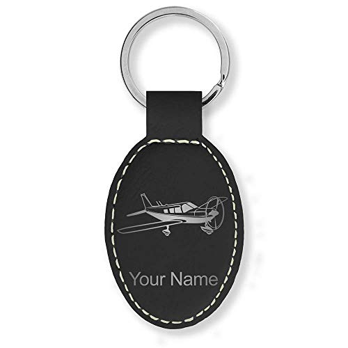 Oval Keychain, Low Wing Airplane, Personalized Engraving Included (Black with Silver)