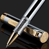 Scriveiner Silver Chrome Rollerball, Award Winning Luxury Pen, Heavy Pocket Pen, 24K Gold Finish, Ge