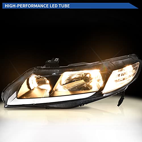 Image of oEdRo LED DRL Headlight Assemblies Compatible with 06 07 08 09 10 11 Civic 4 Door Sedan Headlamps Black Housing Clear Reflector - Pair Set