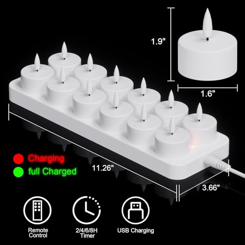 Image of Wondise Rechargeable Tea Lights with Remote and Timer, 12 PCS Battery Operated 3D Wick Flickering Flameless Candles with Charging Base for Halloween Christmas Decor(1.6 inch x 1.9 inch)