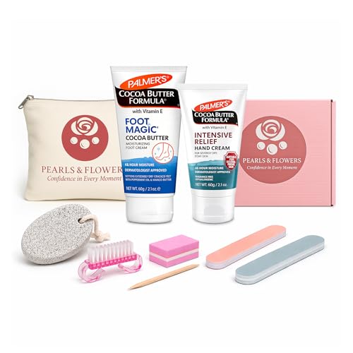 Image of Hand & Foot Care Set – Palmer’s Intensive Relief Hand Cream 60 ml & Foot Magic 60 ml + Nail Care Kit, Pearls & Flowers Pouch & Pumice Stone | Cracked Heel & Dry Hand Repair Kit | Gift Ready Set