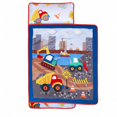 Image of EVERYDAY KIDS Toddler Nap Mat with Removable Pillow -Under Construction- Carry Handle with Fastening Straps Closure, Rollup Design, Soft Microfiber for Preschool, Daycare, Sleeping Bag -Ages 2-4 years
