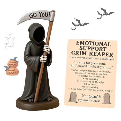 Gothic Reaper Emotional Support Figurine Halloween Grim Resin Sculpture Ornaments Hand-Painted the Reaper Statues Accessories with Emotional Support Card Desk Decoration Encouragement Gift Decor