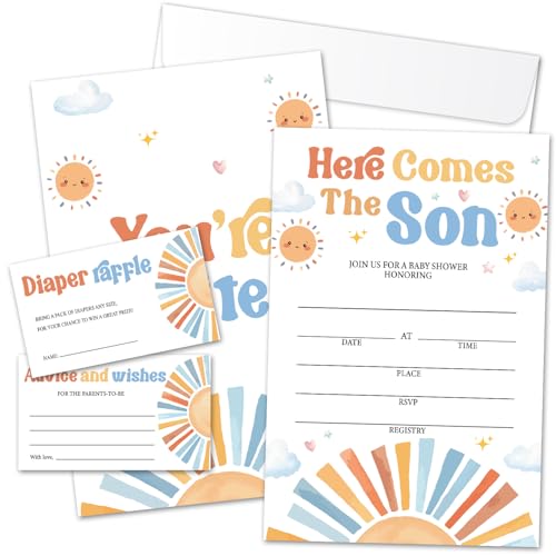 Eiokytmu Here Comes the Son Baby Shower Invitation Set - 25 Fill-In Invitations with Envelopes, Diaper Raffle Tickets and Advice and Wishes Cards, Sunshine Design, Gender Reveal Party Supplies /26