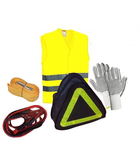 KIT ASSISTENZA PRONTO SOCCORSO KIT EMERGENZA STRADALE AUTO 1 PAIO DI GUANTI 1CAVI BATTERIA 1CORDA TRAINO 1 GIUBBINO CATARIFRANGENTE 1 CUSTODIA