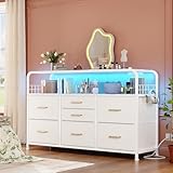 TV Stand for Bedroom with LED Lights & Charging Station, 7 Drawer with Open Shelf, Media Console for Living Room & Chest of Drawers for Closet, Entryway, Hallway, 4 Hooks, White