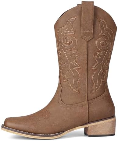 Pasuot Western Cowboy Boots for Women - Brown Square Toe Mid Calf Cowgirl Boots, Low Chunky Heel Country Boot with Classic Retro Embroidery Pull On for Ladies Rodeo Festival Concert US 8.5 — view 3