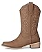 Pasuot Western Cowboy Boots for Women - Brown Square Toe Mid Calf Cowgirl Boots, Low Chunky Heel Country Boot with Classic Retro Embroidery Pull On for Ladies Rodeo Festival Concert US 8