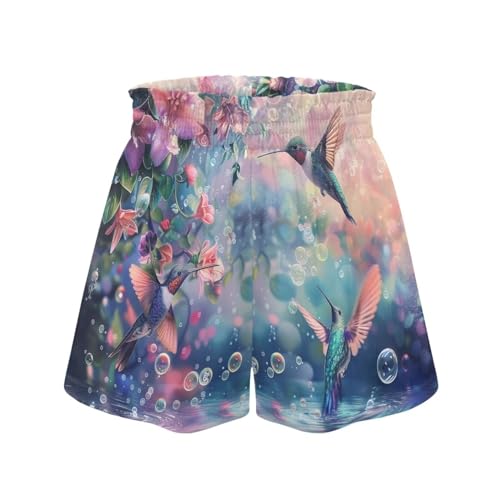YEXIATODO Hummingbird Floral Beach Shorts for Women Stylish Womens Elastic Waist Shorts Ruffle Shorts Quick-Dry Cheer Shorts for Girls,Suitable for Women of All Shapes and Sizes L
