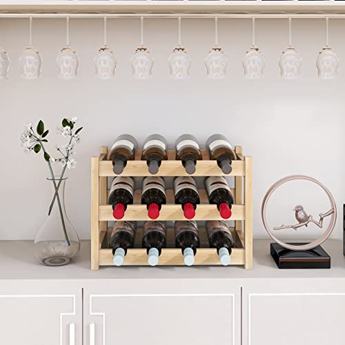Smibuy Wine Rack,3 Tier Bamboo Display Storage Wine Shelf For Countertop, 12 Bottles Free Standing Wine Holder For Liquor Cabinet (Natural) #TOP1