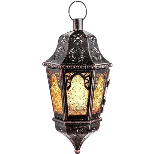 NEEDOMO Hanging Moroccan Lantern, 13.5'' Vintage Metal Candle Holder with 14.8' Chain, Ramadan Lanterns Decorative Indoor Outdoor for Home, Table, Patio, Porch, Christmas,Halloween, Spring (Amber)